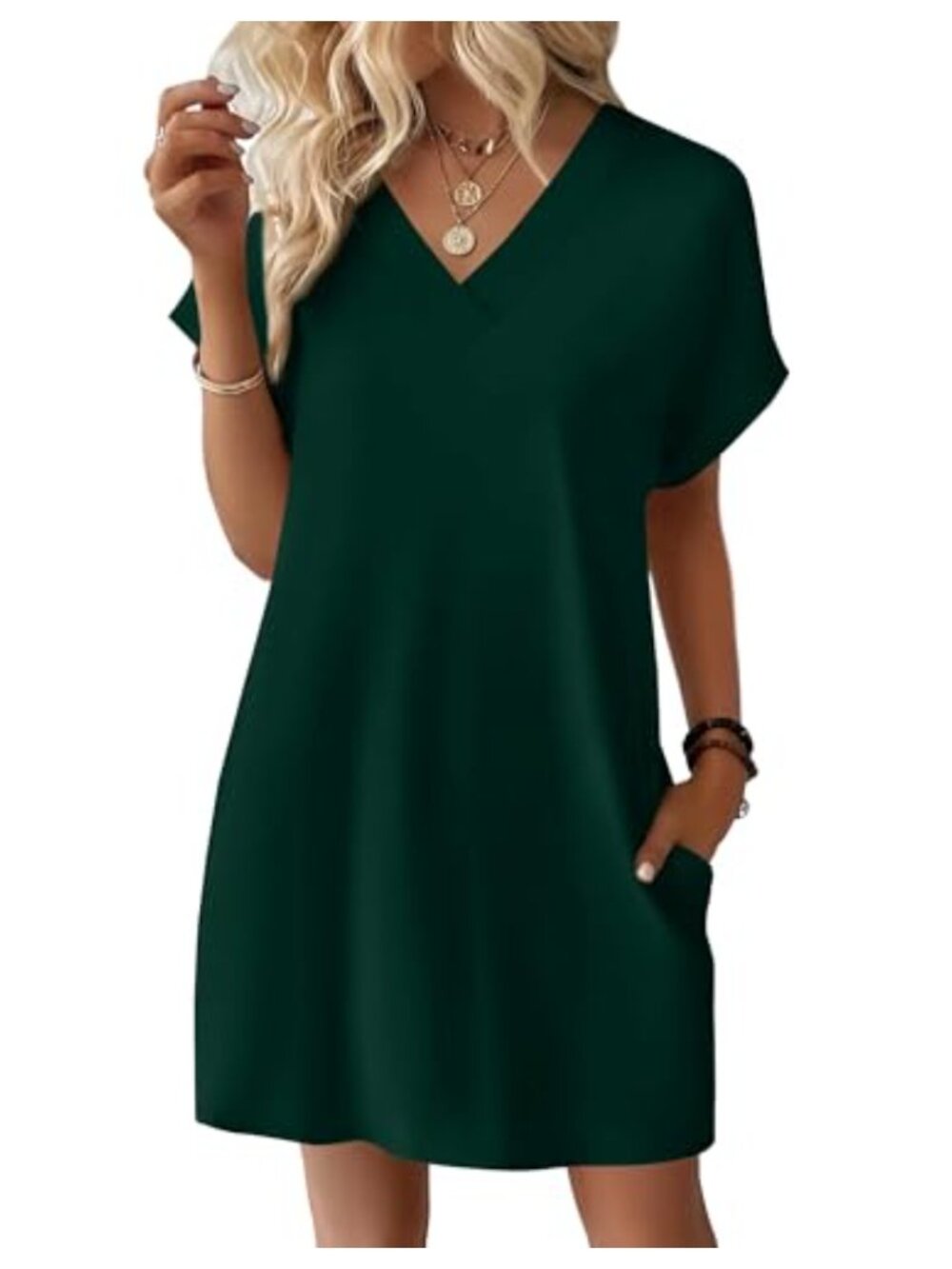 Women's Casual Summer T-Shirt Dress Short Rolled Sleeve V-Neck Swing Beach